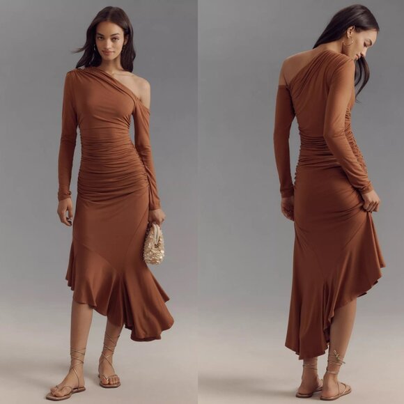 Anthropologie Dresses & Skirts - By Anthropologie Long-Sleeve Off-The-Shoulder Asymmetric Slim Midi Dress